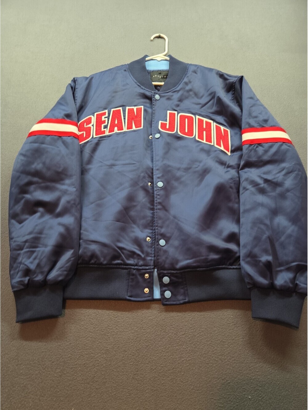 men's vintage Sean John Blue Satin Varsity Bomber Jacket size XL